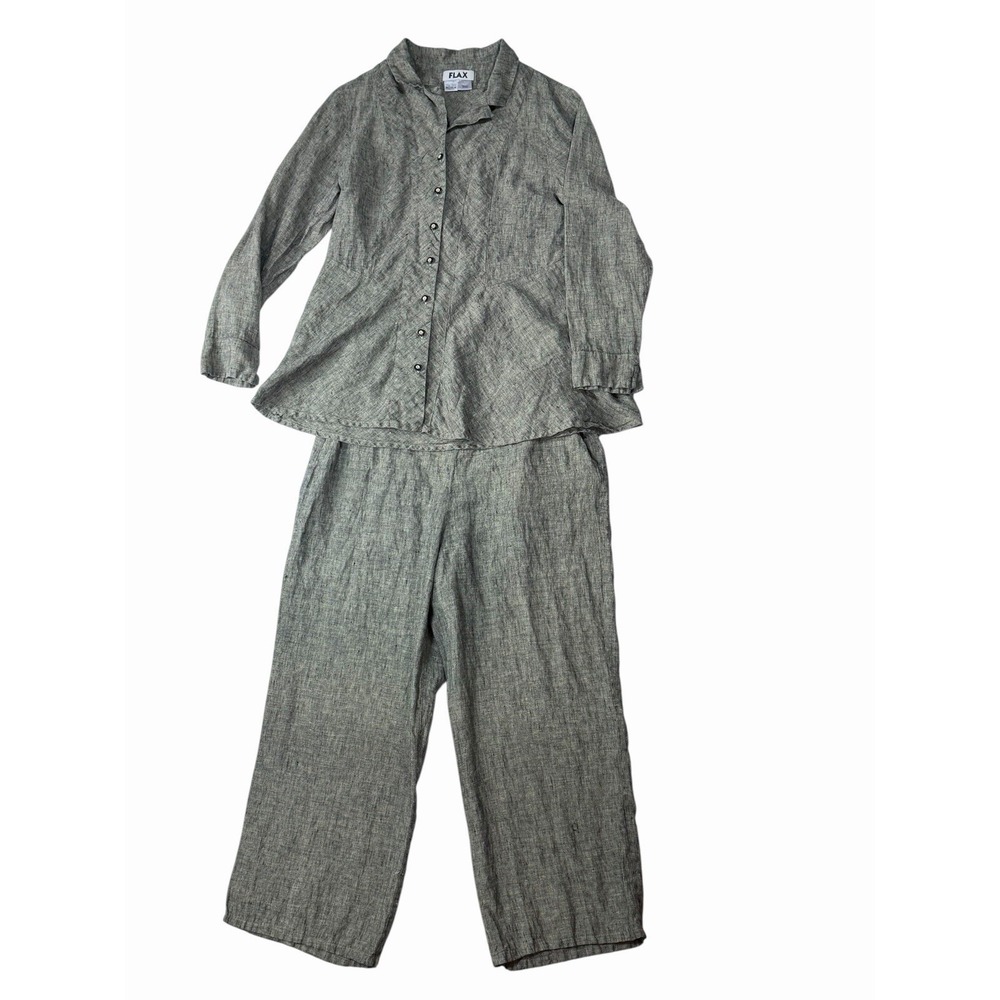 FLAX Linen 2 Piece Set Womens Medium/Small Green Button Top Wide Leg Lagenlook
